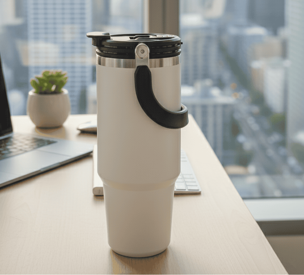 White DuoFlow with black handle on a desk with a cityscape view