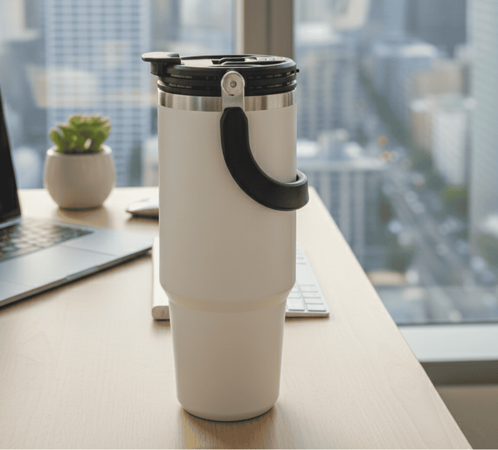 White DuoFlow with black handle on a desk with a cityscape view